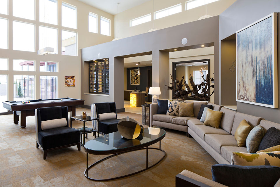 Clubhouse featuring stylish seating and vibrant decor at Pearl DTC Apartments