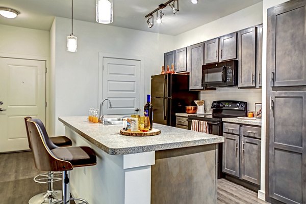Modern kitchen with stainless steel appliances at Watervue Apartments, offering luxury living in a serene setting