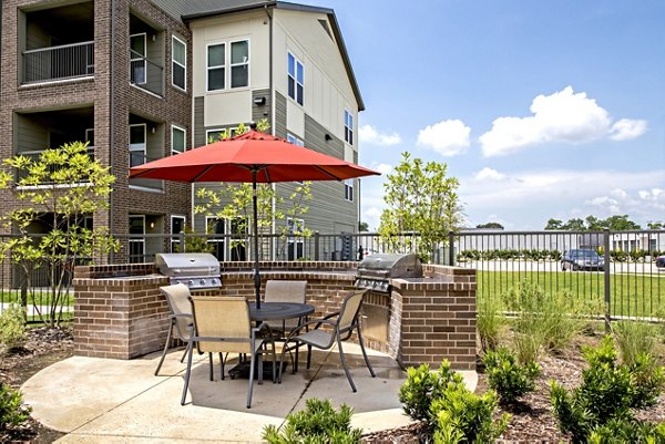 Grilling area with outdoor seating at Watervue Apartments, perfect for social gatherings and leisure dining