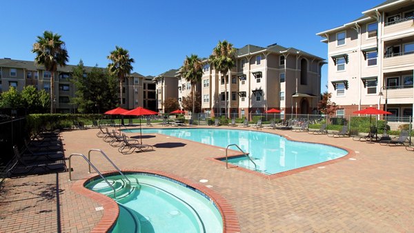 Modern pool area at The U Apartments featuring sun loungers and resort-style amenities for residents' relaxation and enjoyment