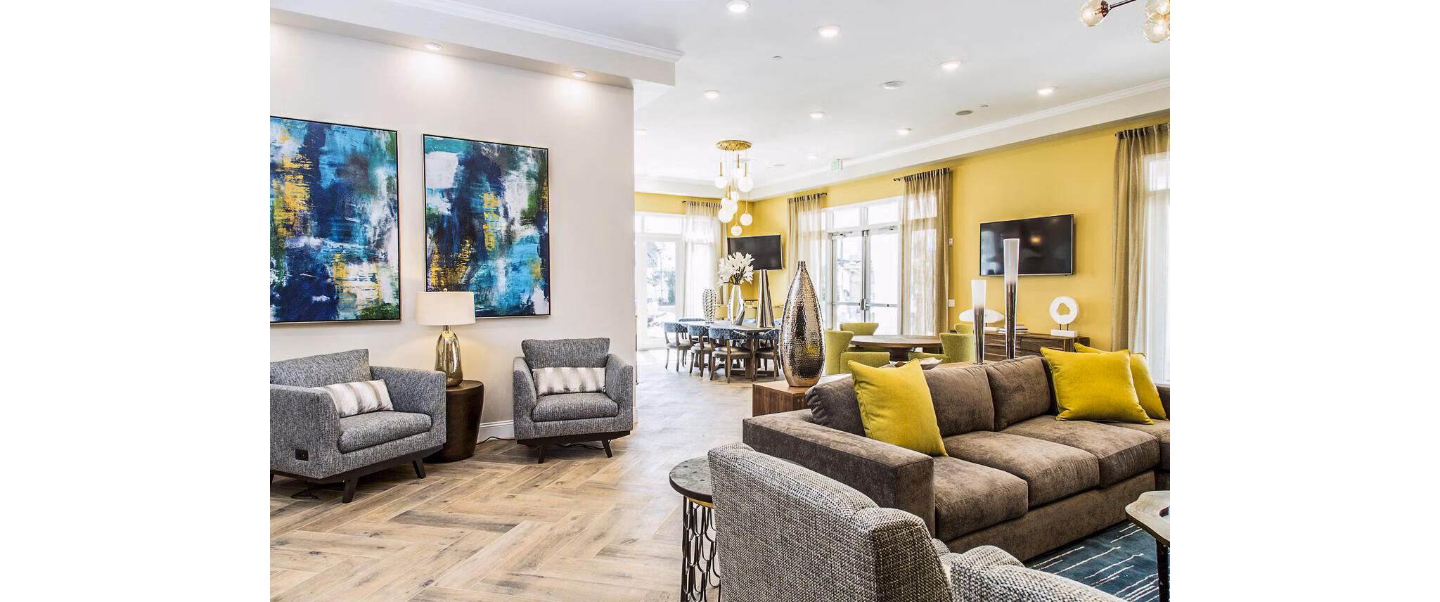 Modern clubhouse lobby with sleek furnishings at Dylan Point Loma Apartments