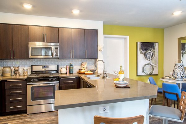 Modern kitchen with stainless steel appliances at Dylan Point Loma Apartments