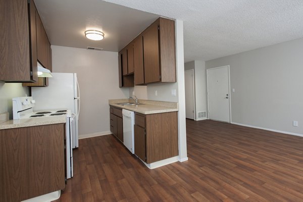 Modern kitchen with stainless steel appliances at Sheridan Park Apartments