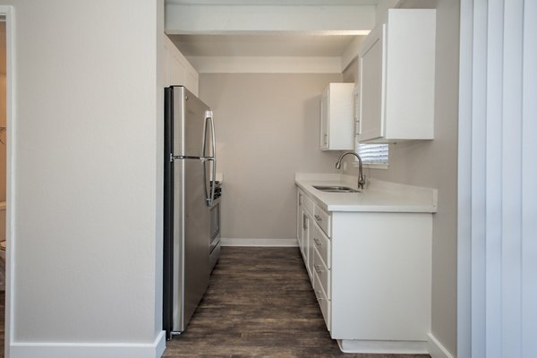 Kitchen with modern stainless steel appliances and sleek cabinets in Monterey Townhouse luxury apartments