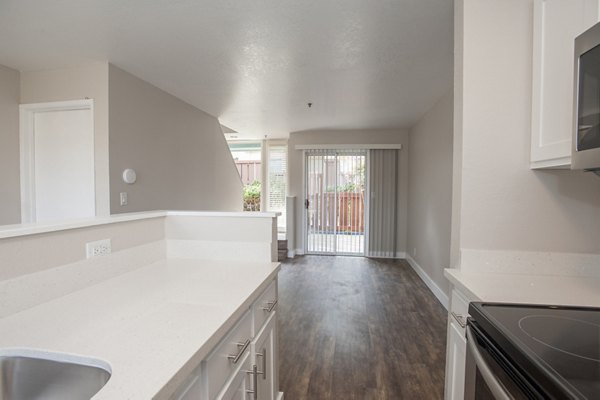 Modern kitchen featuring stainless steel appliances and granite countertops in Pacific Vista Apartments
