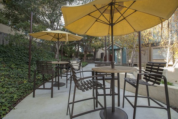 Outdoor patio with seating and scenic views at Pacific Vista Apartments