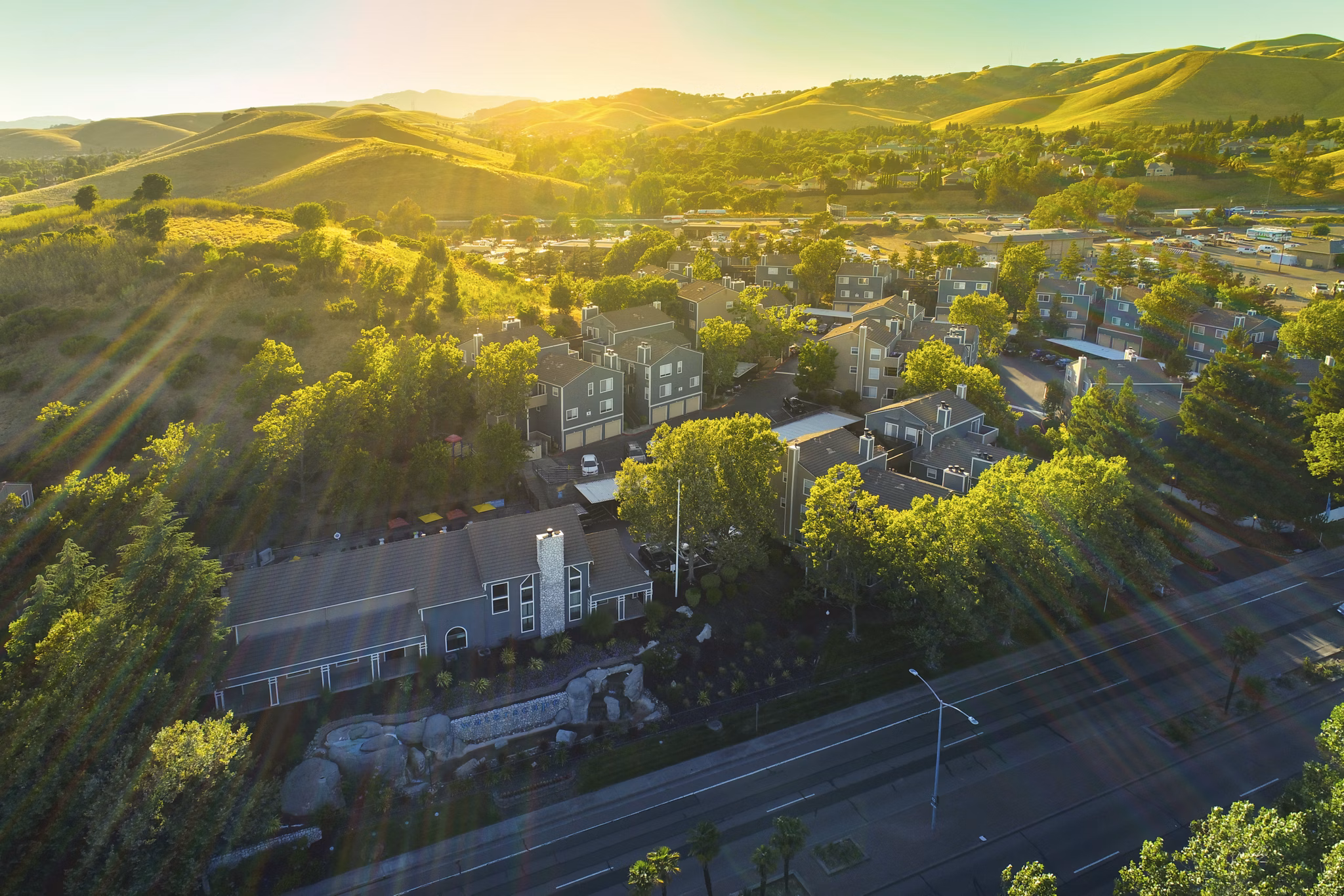 Stunning view of the landscaped courtyard at Waterscape Apartments, luxury living by Greystar