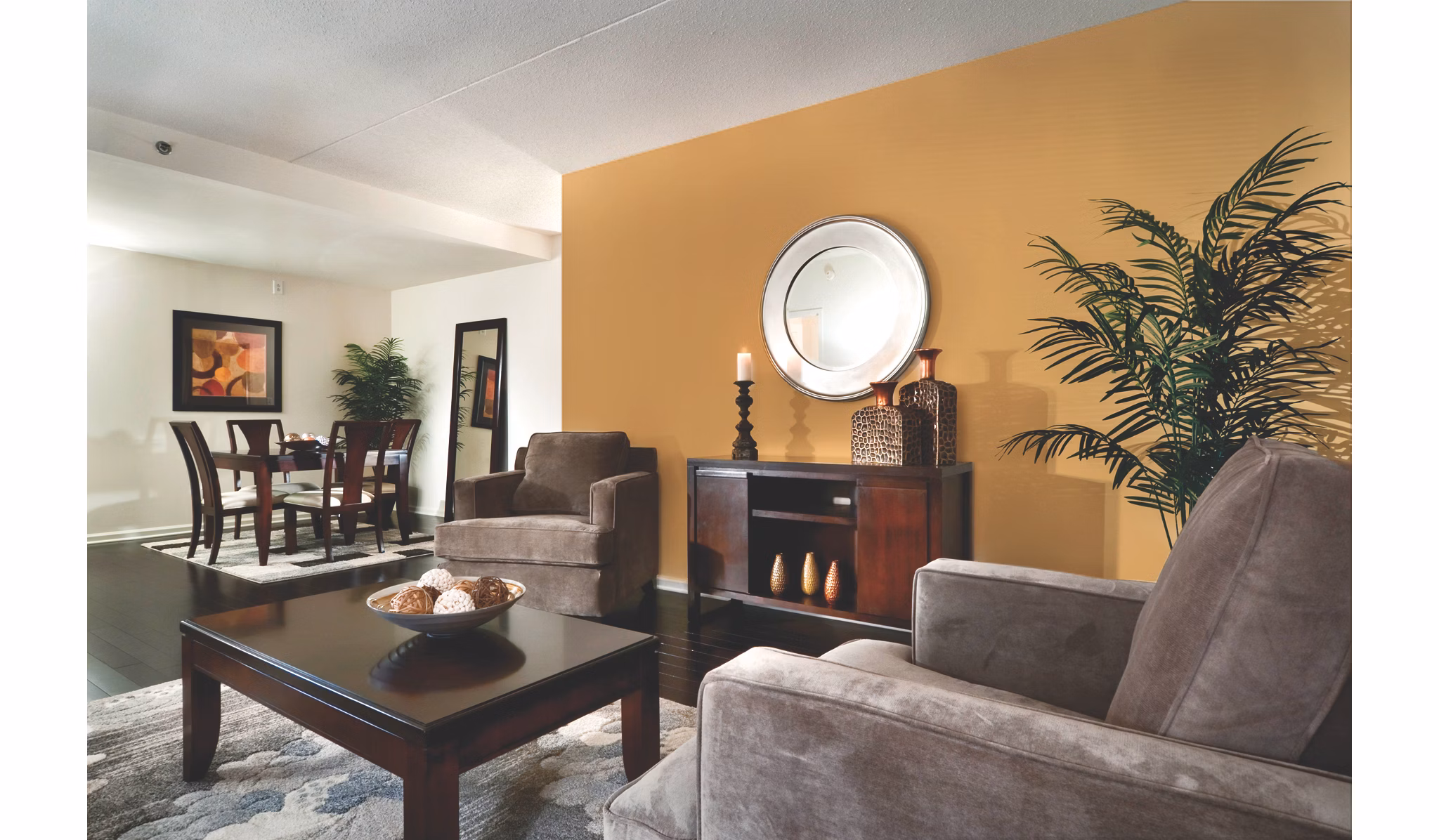 Chancery Square Apartments: Modern living room featuring sleek furniture and large windows in luxury apartment community