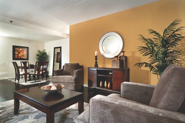Chancery Square Apartments: Modern living room featuring sleek furniture and large windows in luxury apartment community