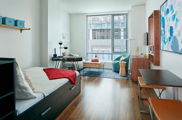 Elegant living room with coastal decor at Watermark Seaport Apartments