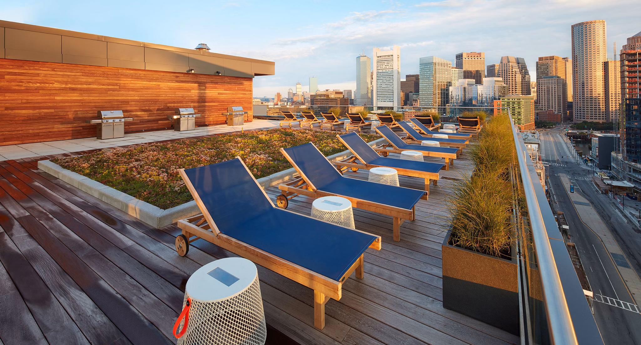 Skyline views from the rooftop deck at Watermark Seaport Apartments