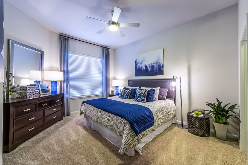 Stylish bedroom with modern decor at Elan Memorial Park Apartments