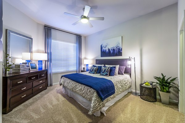 Stylish bedroom with modern decor at Elan Memorial Park Apartments