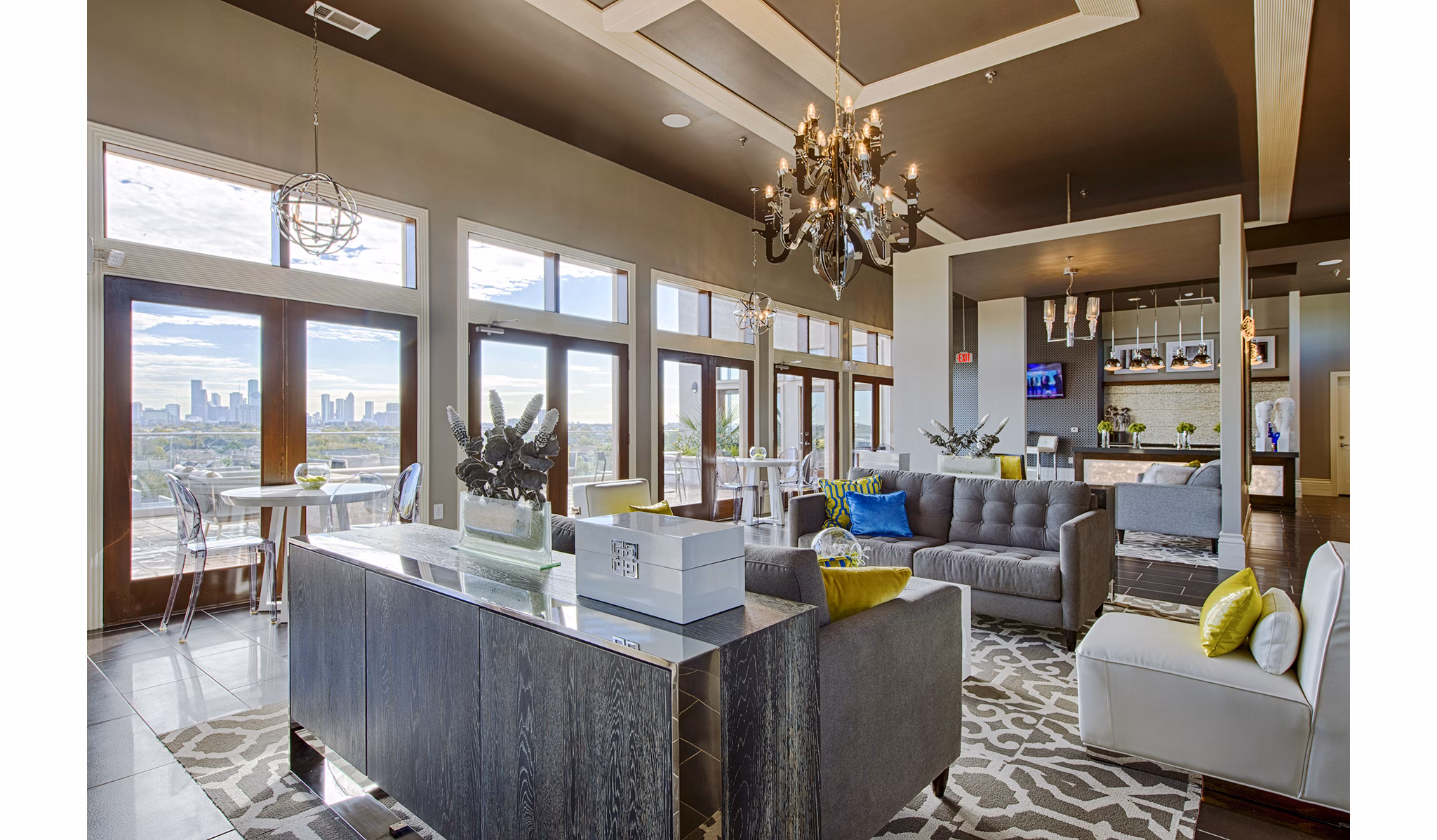 Clubhouse at Elan Memorial Park Apartments featuring luxury interiors and modern amenities for social gatherings in a vibrant community setting