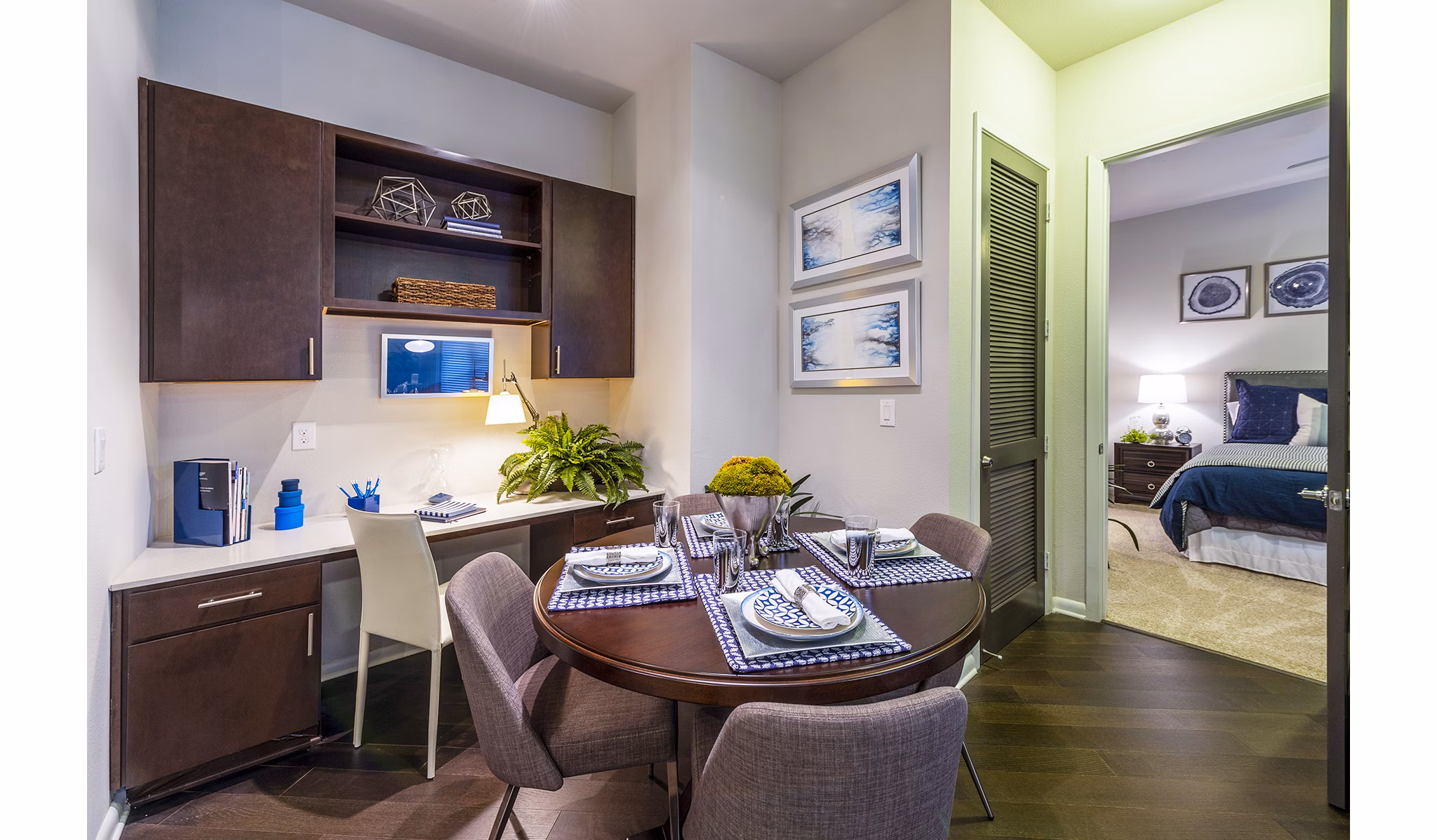 Dining room featuring elegant decor and modern lighting at Elan Memorial Park Apartments