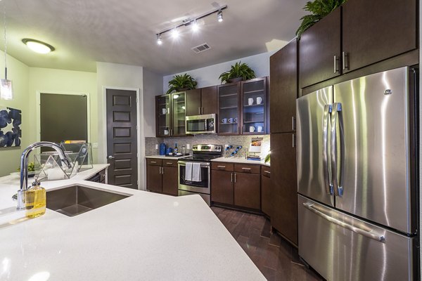 Modern kitchen with sleek countertops and stainless steel appliances at Elan Memorial Park Apartments
