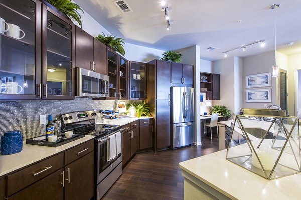 Modern kitchen with stainless steel appliances at Elan Memorial Park Apartments luxury living space