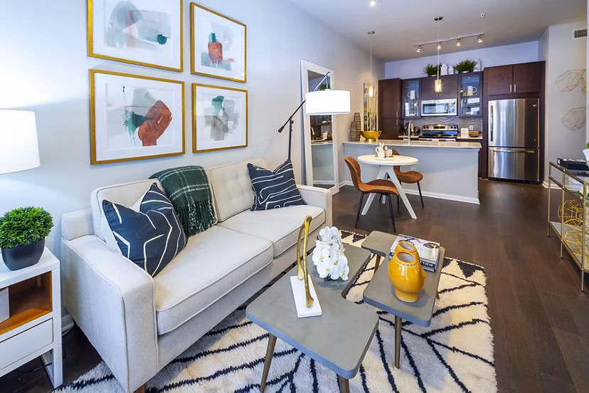 Spacious living room with modern dÃ©cor at Elan Memorial Park Apartments