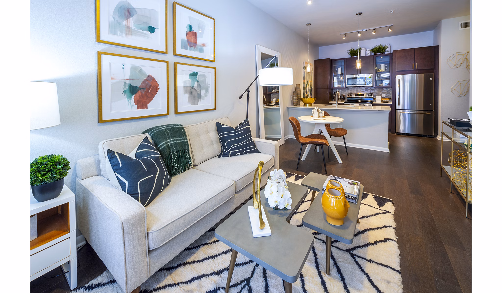 Spacious living room with modern dÃ©cor at Elan Memorial Park Apartments