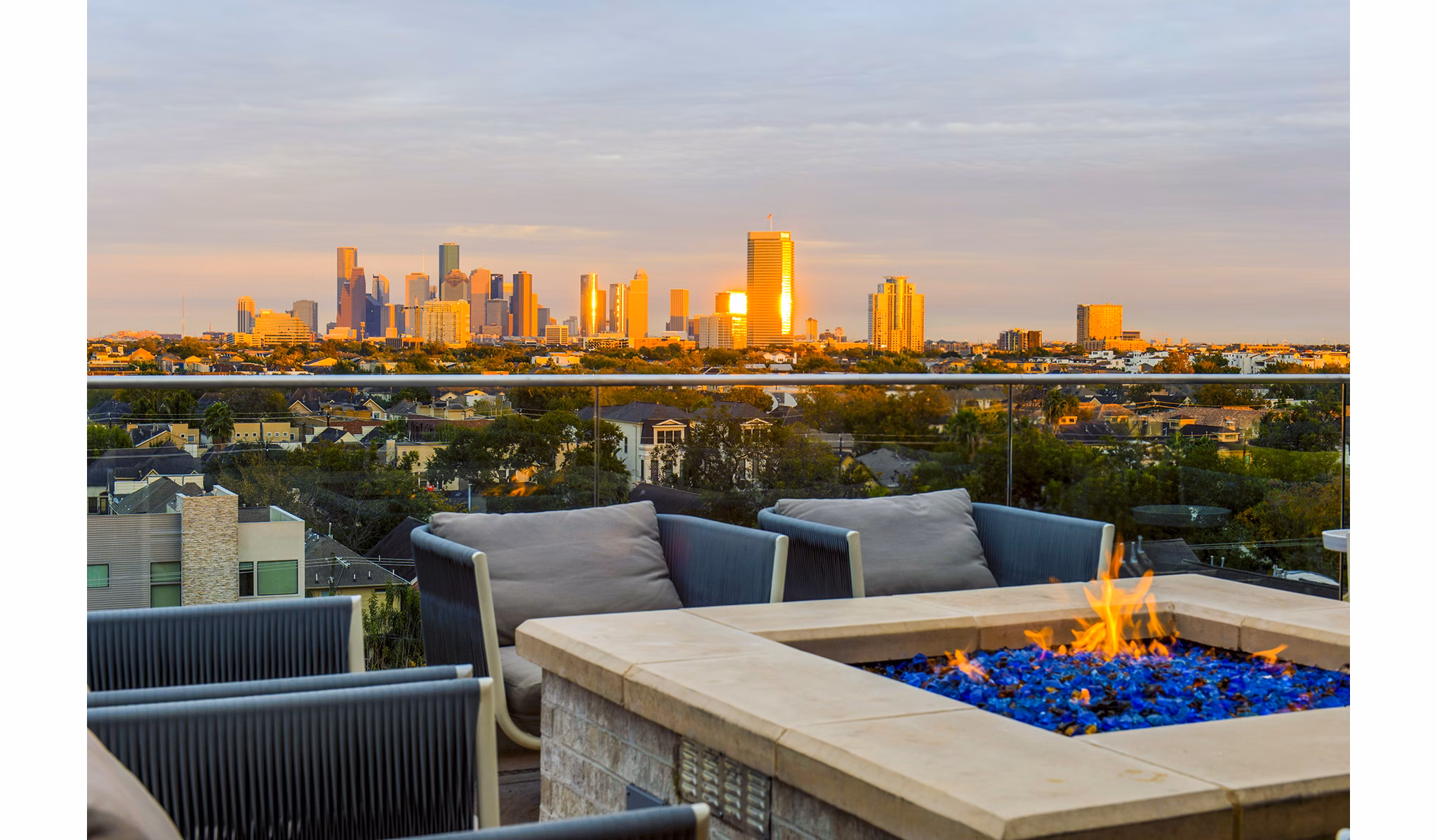 Private balcony with cityscape views at Elan Memorial Park Apartments luxury community