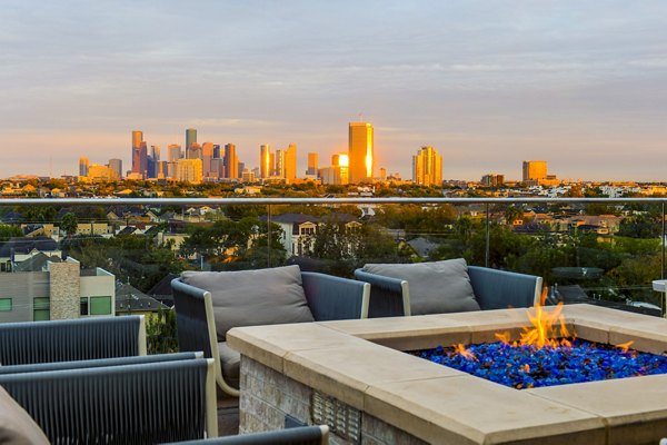 Private balcony with cityscape views at Elan Memorial Park Apartments luxury community