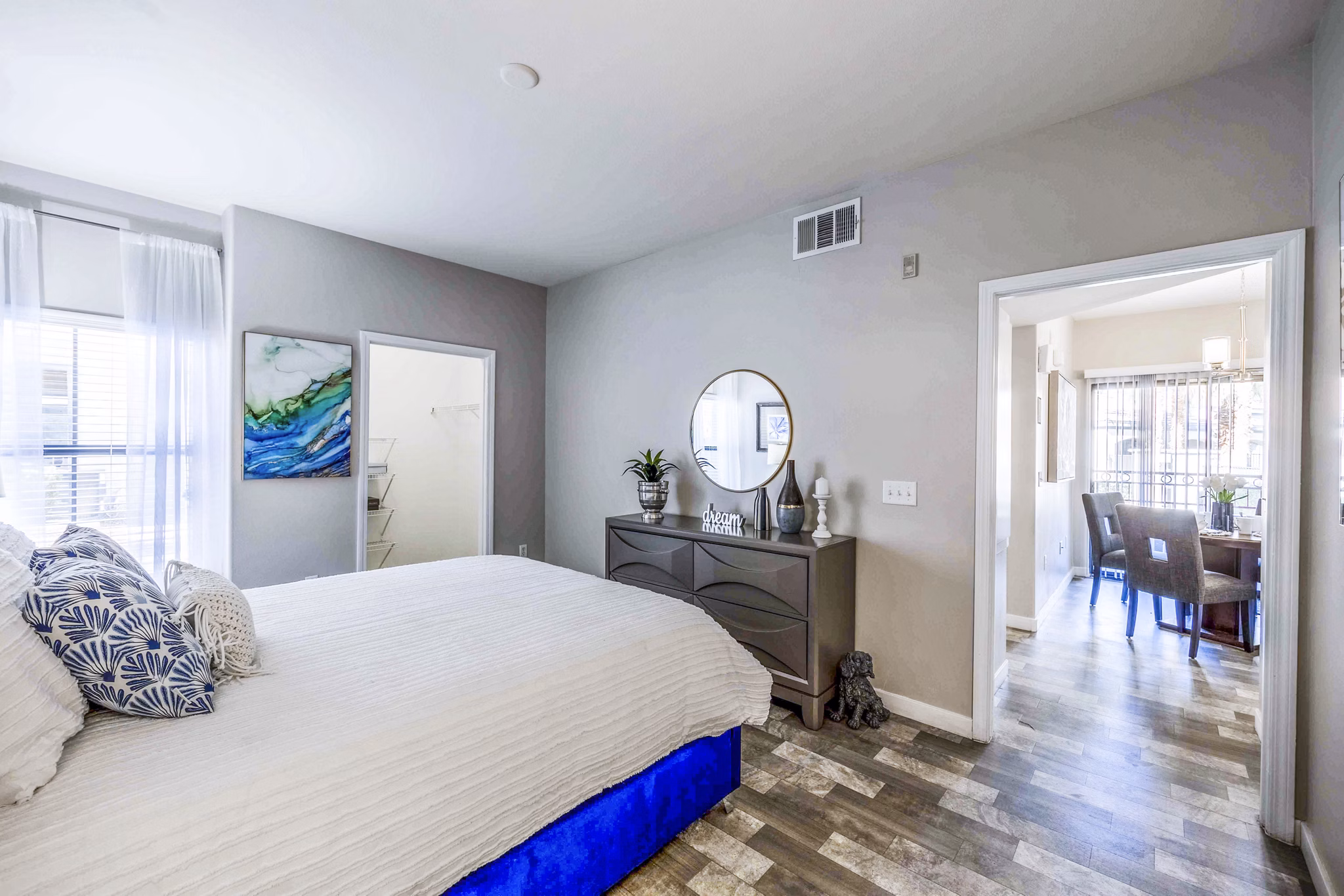 Cozy bedroom with modern design at Tesoro Ranch Apartments