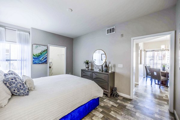 Cozy bedroom with modern design at Tesoro Ranch Apartments