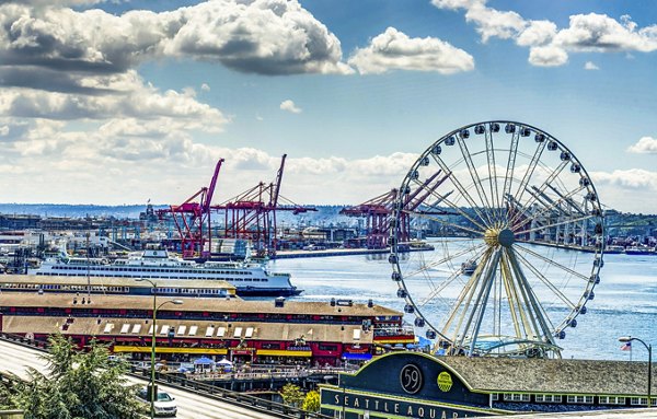 Seattle's iconic Ferris wheel viewed from Greystar's luxury waterfront apartments
