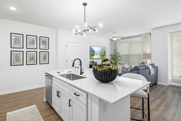 Modern kitchen with stainless steel appliances at District Lofts Apartments, featuring sleek countertops and ample storage space