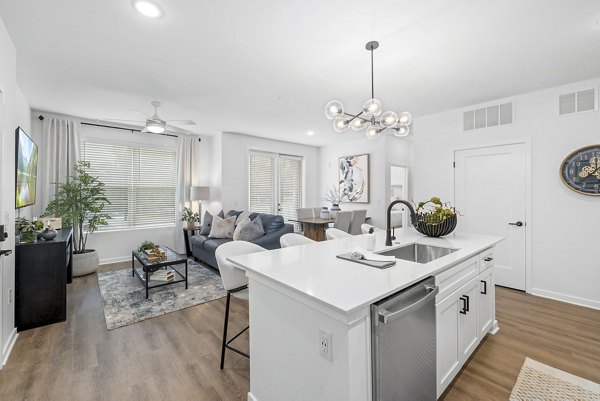 Modern kitchen featuring sleek countertops and stainless steel appliances in District Lofts Apartments, available at Greystar luxury apartments