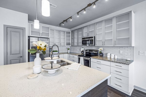 Spacious kitchen with modern appliances in District Lofts Apartments, offering luxury living for residents