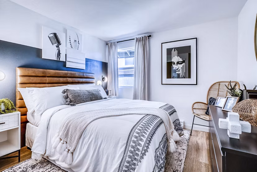 Spacious bedroom with modern furnishings at Park 120 Apartments, offering luxury living