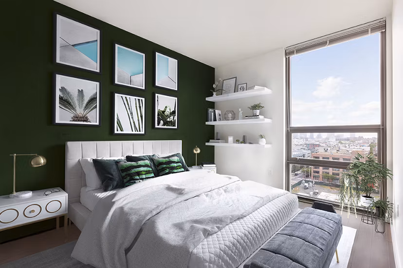 Spacious bedroom with modern decor at VINE Apartments
