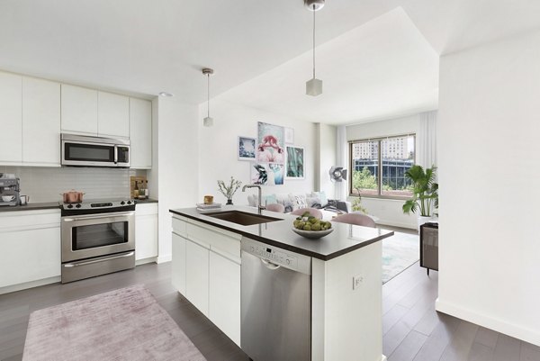 Modern kitchen with stainless steel appliances at VINE Apartments, luxury living by Greystar