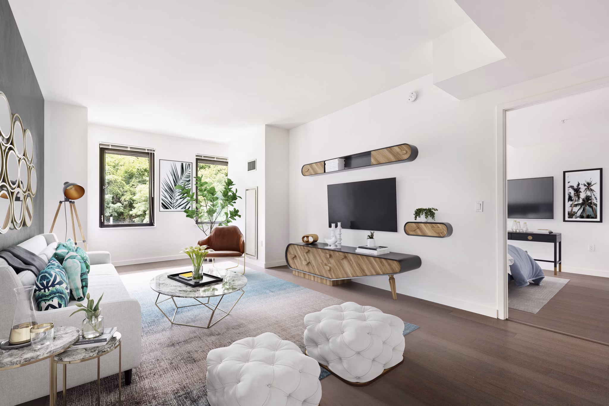Contemporary living room with stylish furniture at VINE Apartments offering luxury urban living