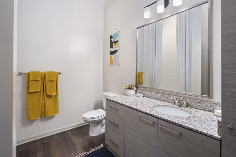 Modern bathroom with sleek fixtures at 1133 on the Square Apartments, a luxury community by Greystar in downtown Chicago