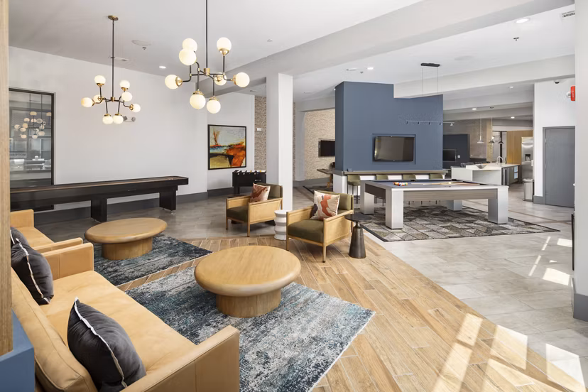Clubhouse with modern decor at 1133 on the Square Apartments