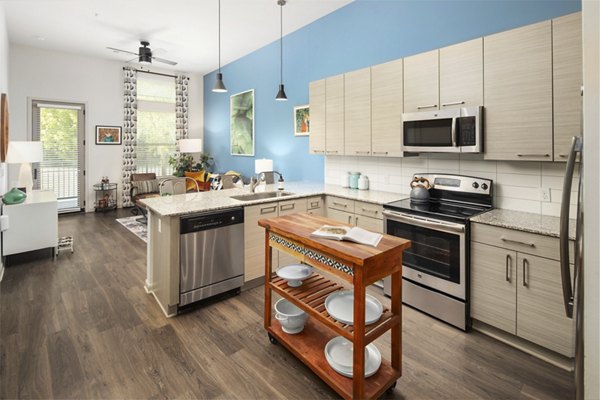 Modern kitchen with stainless steel appliances at 1133 on the Square Apartments