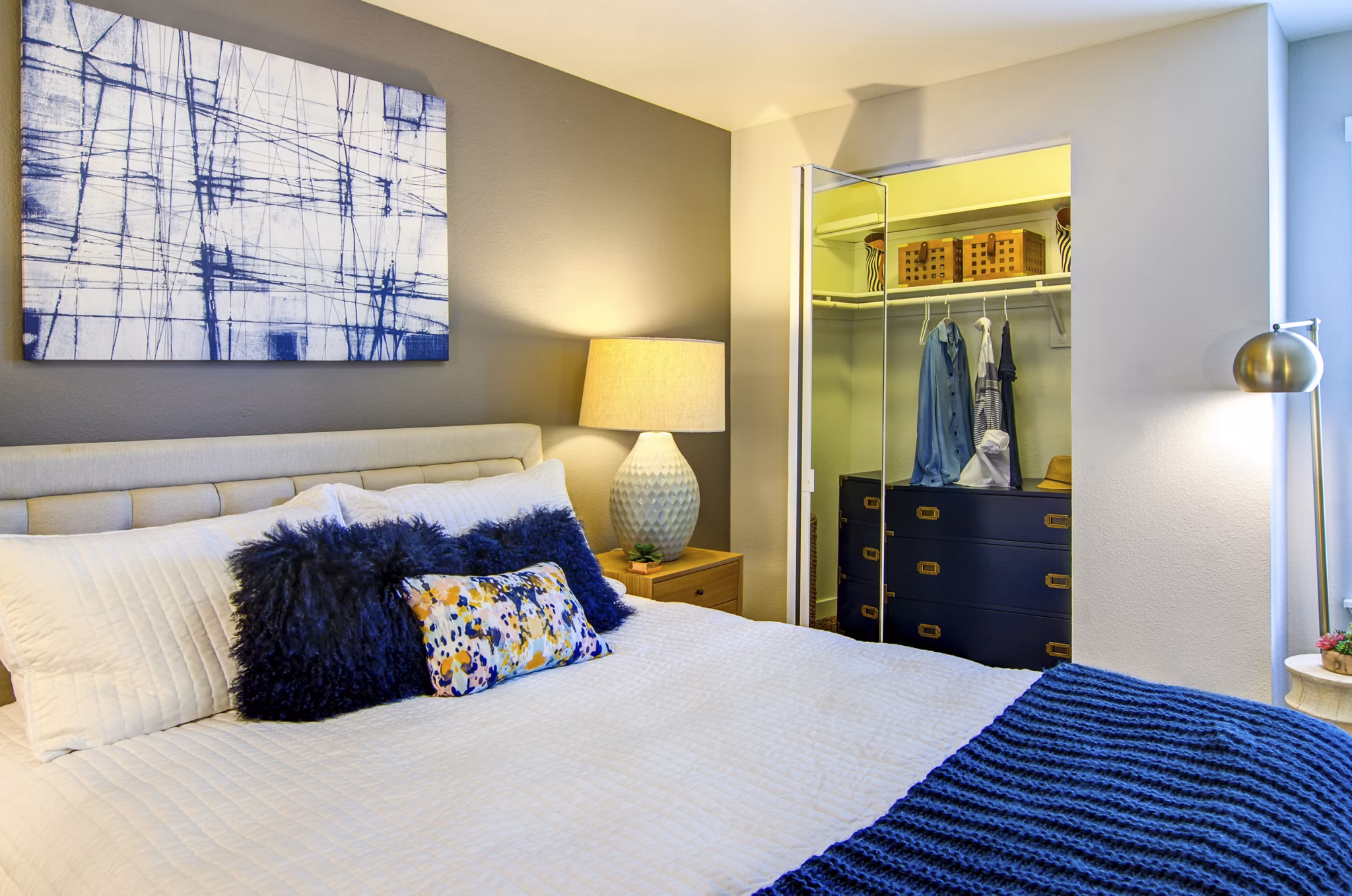 Cozy bedroom with modern decor at Heatherbrae Commons Apartments