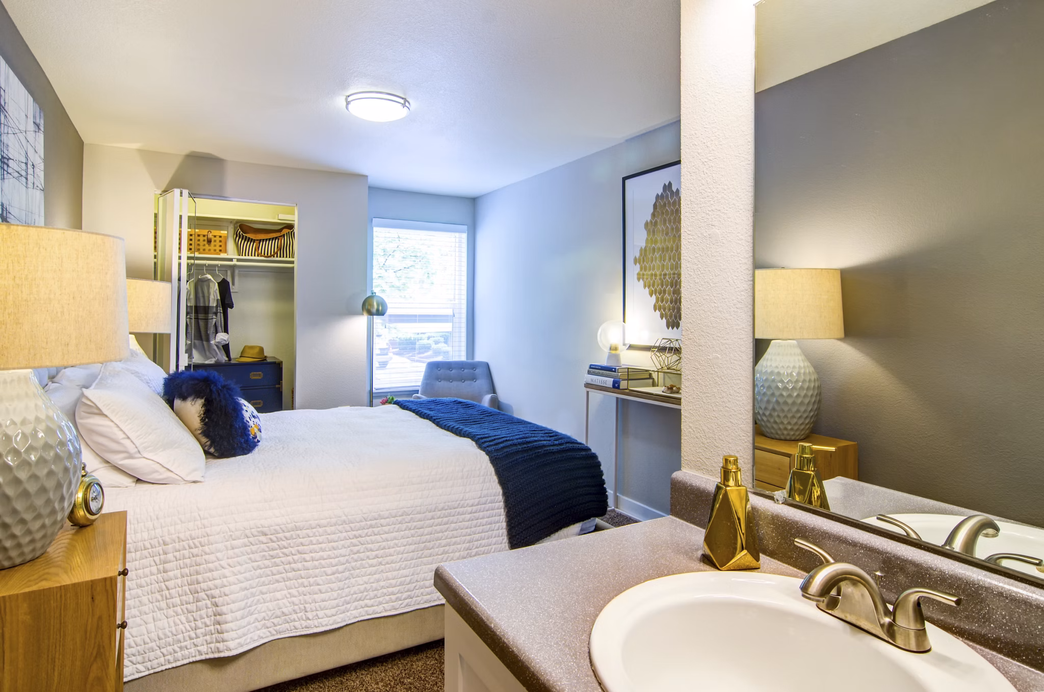 Cozy bedroom with modern decor at Heatherbrae Commons Apartments