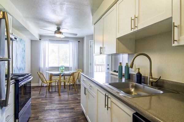 Modern kitchen with granite countertops and stainless steel appliances at Heatherbrae Commons Apartments