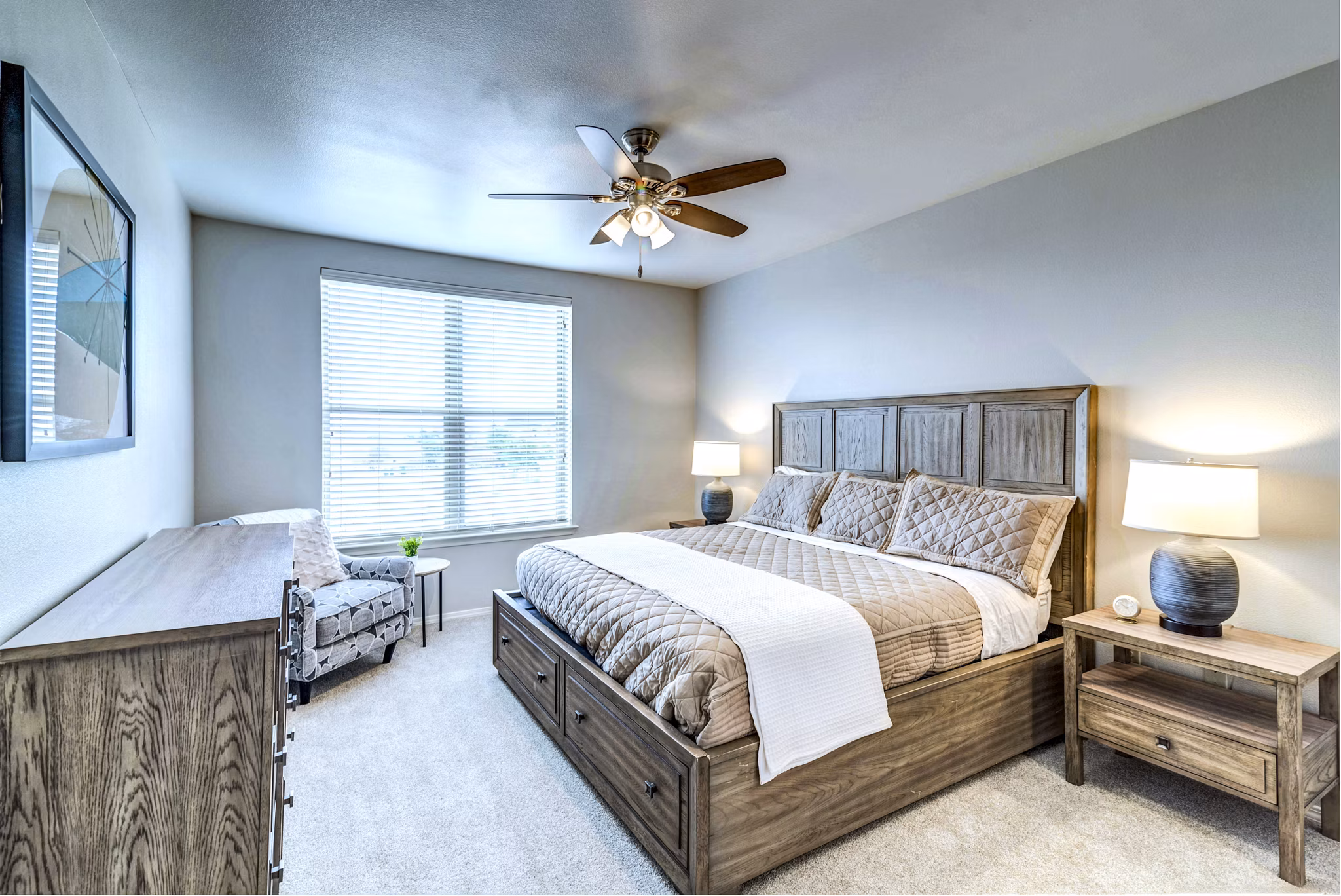 Elegant bedroom with stylish decor at Overture Ridgmar Apartments, featuring luxury finishes and ample natural light