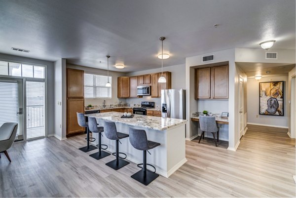 Modern kitchen with stainless steel appliances in Overture Ridgmar Apartments