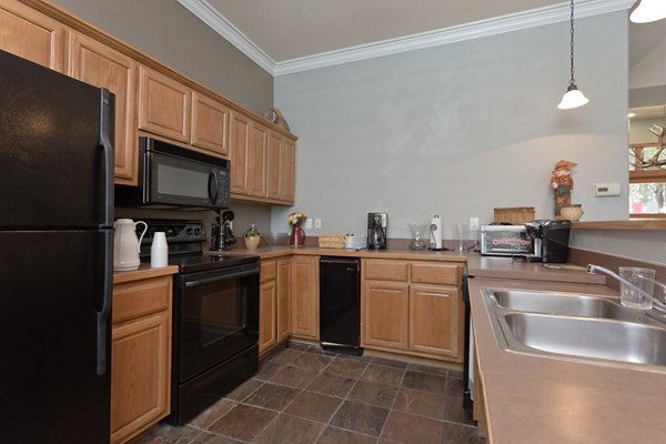 Modern kitchen with stainless steel appliances at The Ravinia Apartments