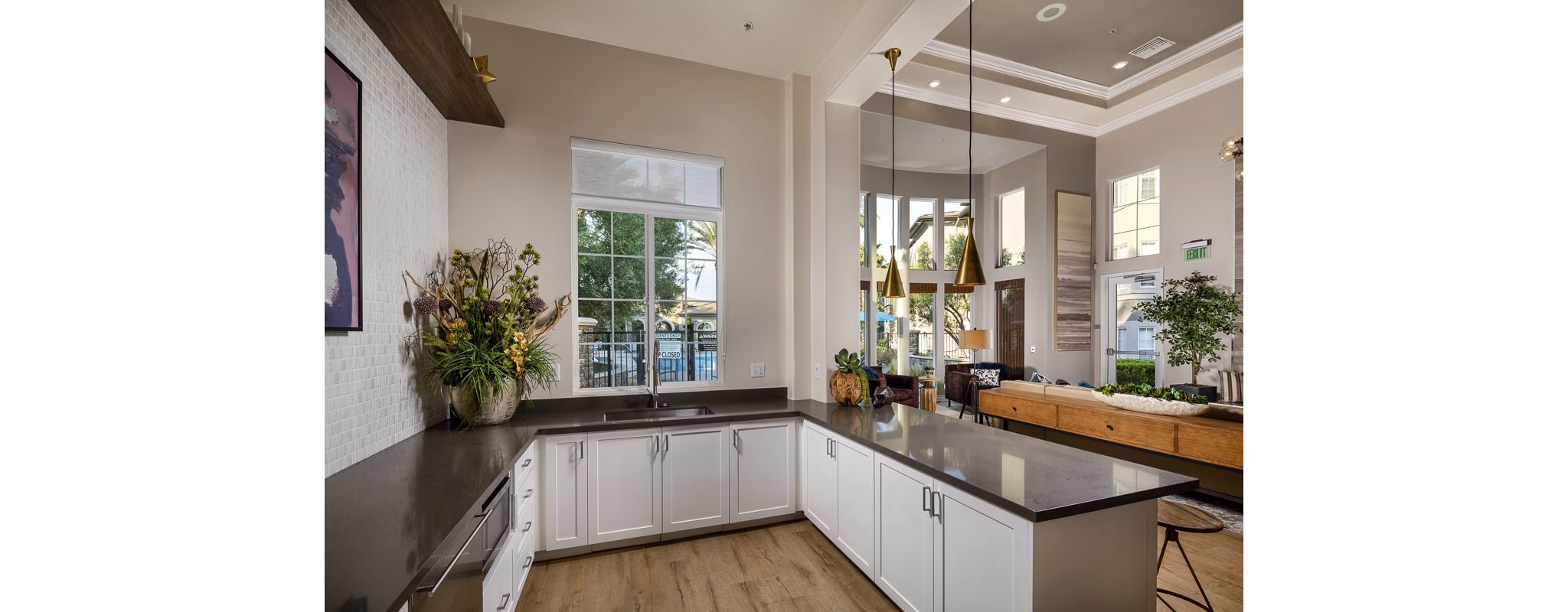 Clubhouse lobby with modern decor and seating at The Heights at Chino Hills Apartments