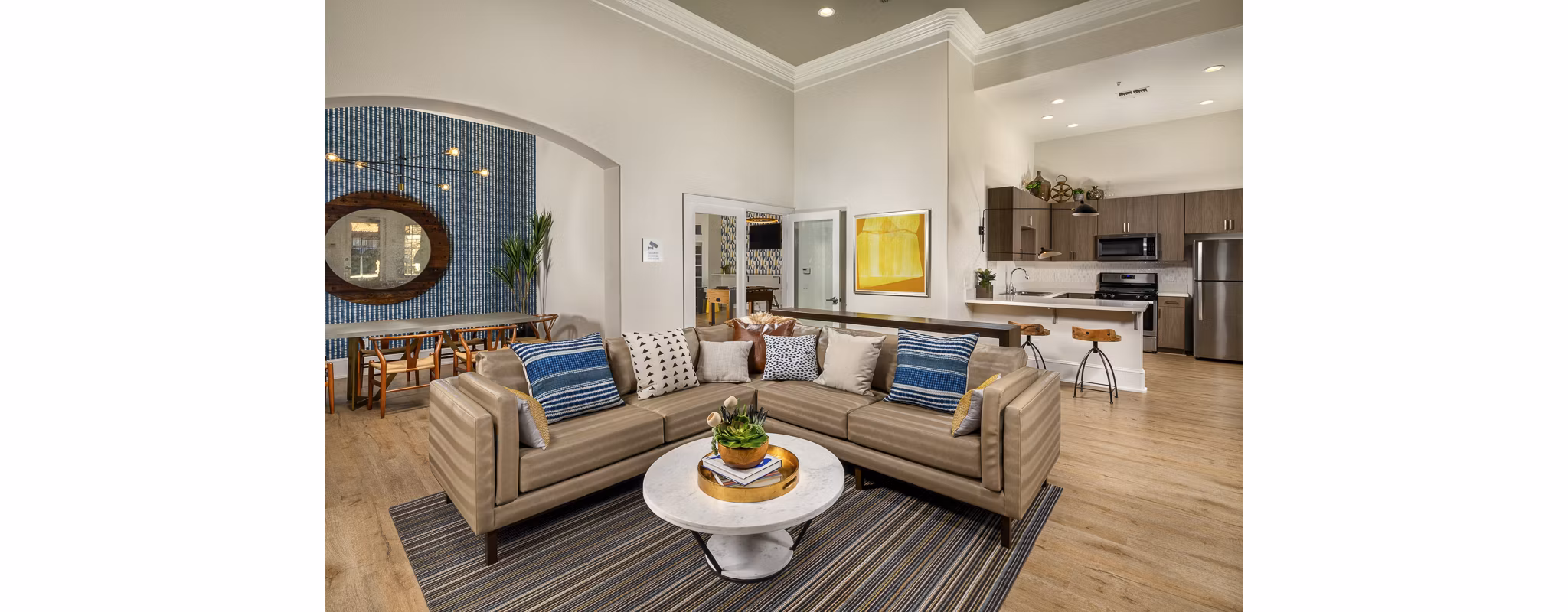 Clubhouse lobby with modern seating and decor at The Heights at Chino Hills Apartments