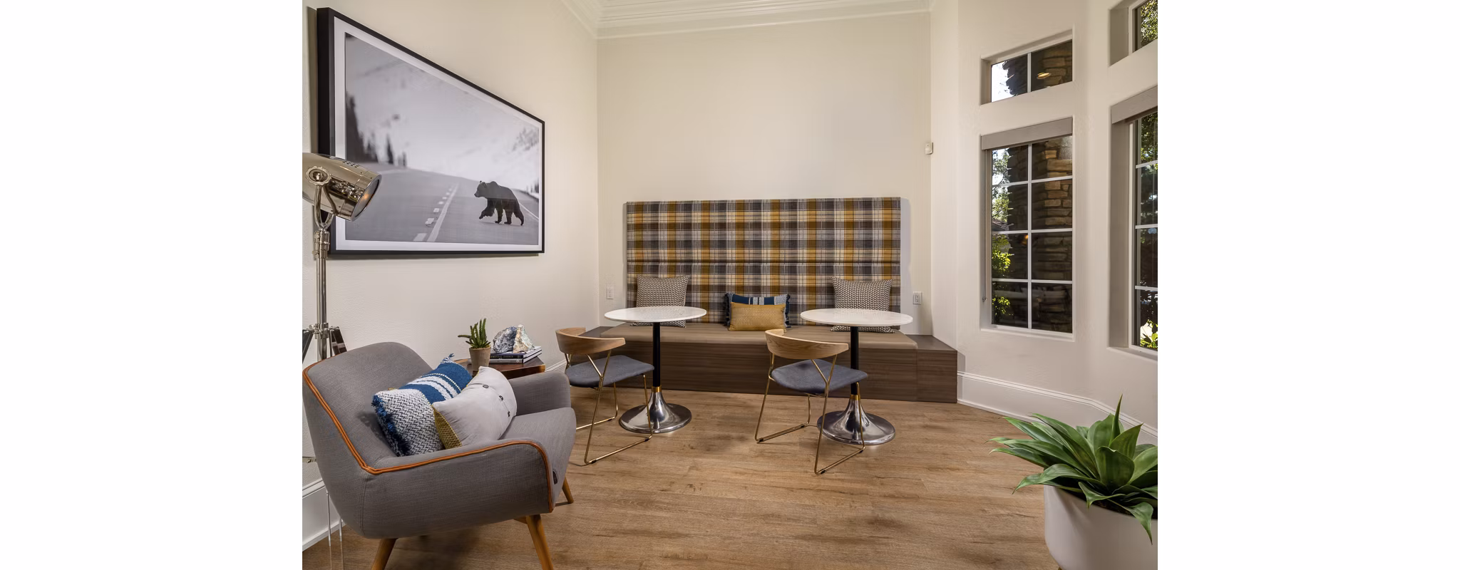 Clubhouse lobby with modern seating and decor at The Heights at Chino Hills Apartments