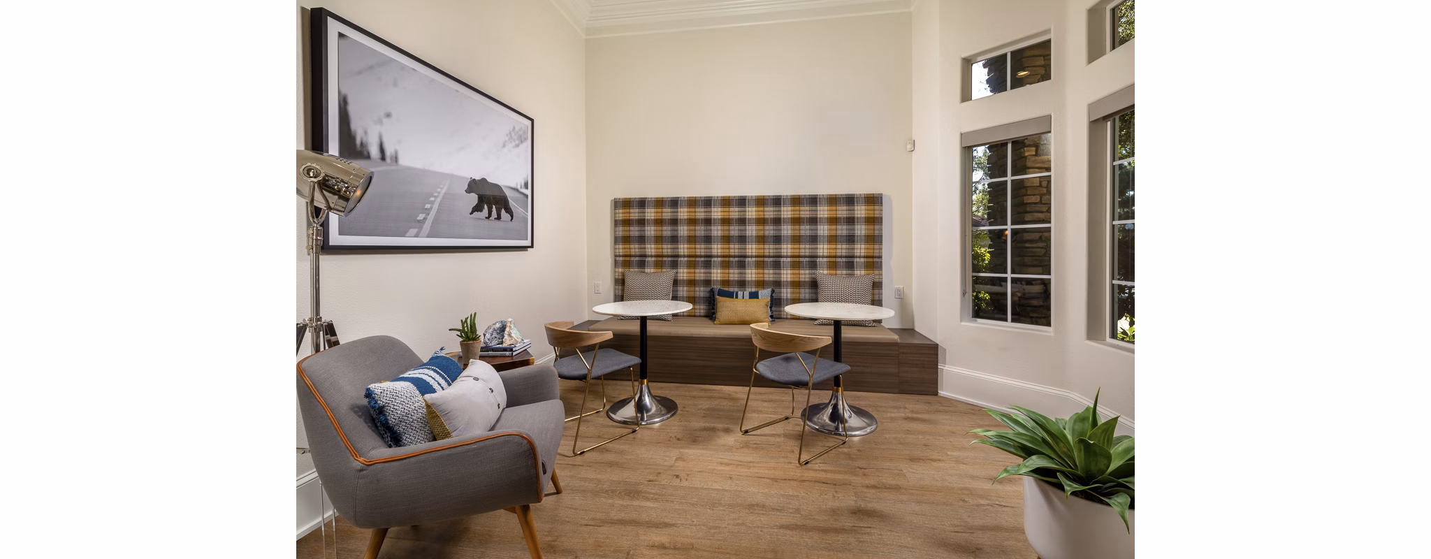 Clubhouse lobby with modern seating and decor at The Heights at Chino Hills Apartments