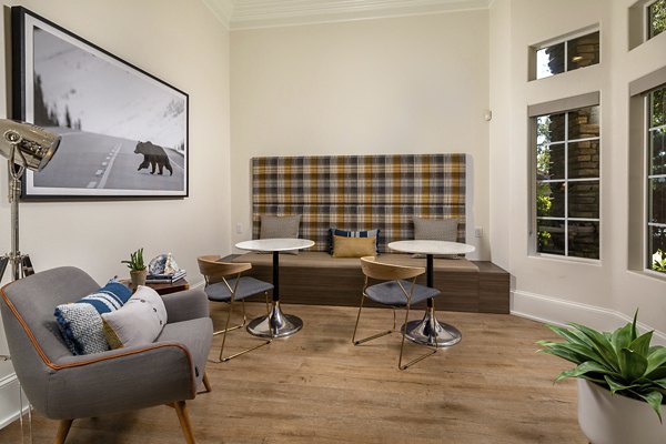 Clubhouse lobby with modern seating and decor at The Heights at Chino Hills Apartments