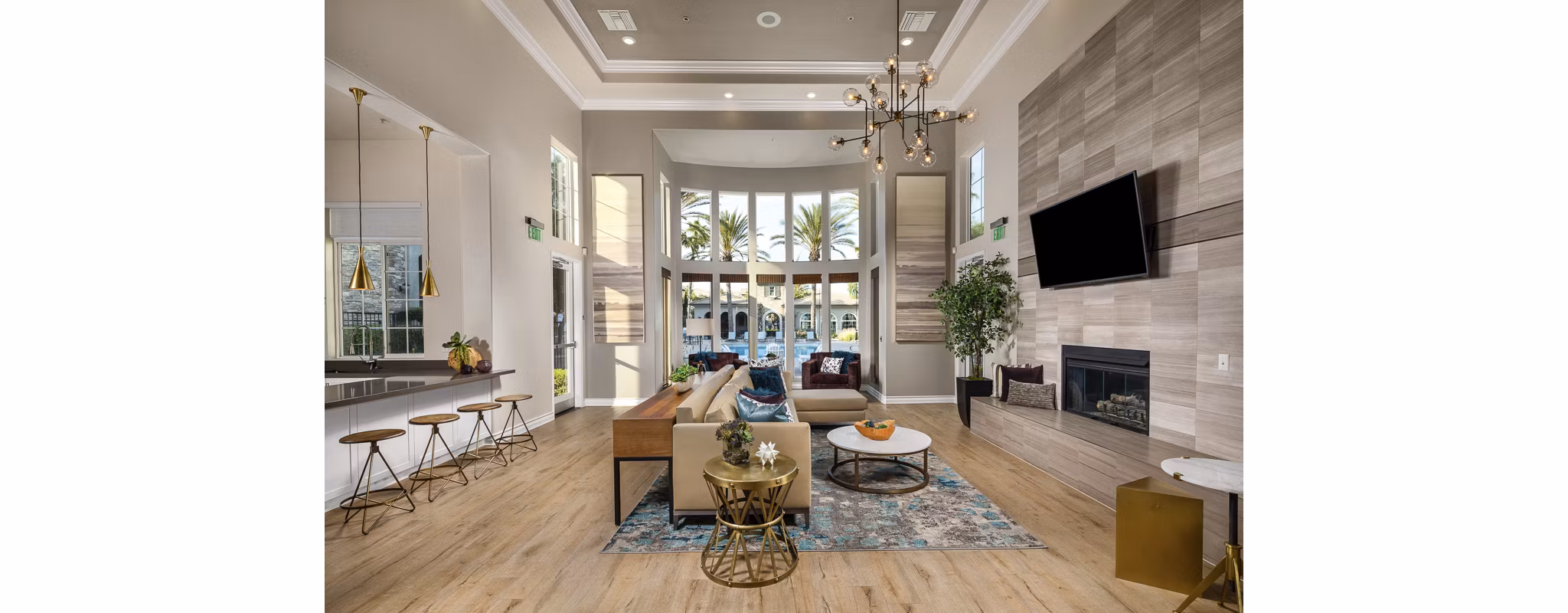 The Heights at Chino Hills: Elegant clubhouse lobby with modern furnishings for luxury living apartments